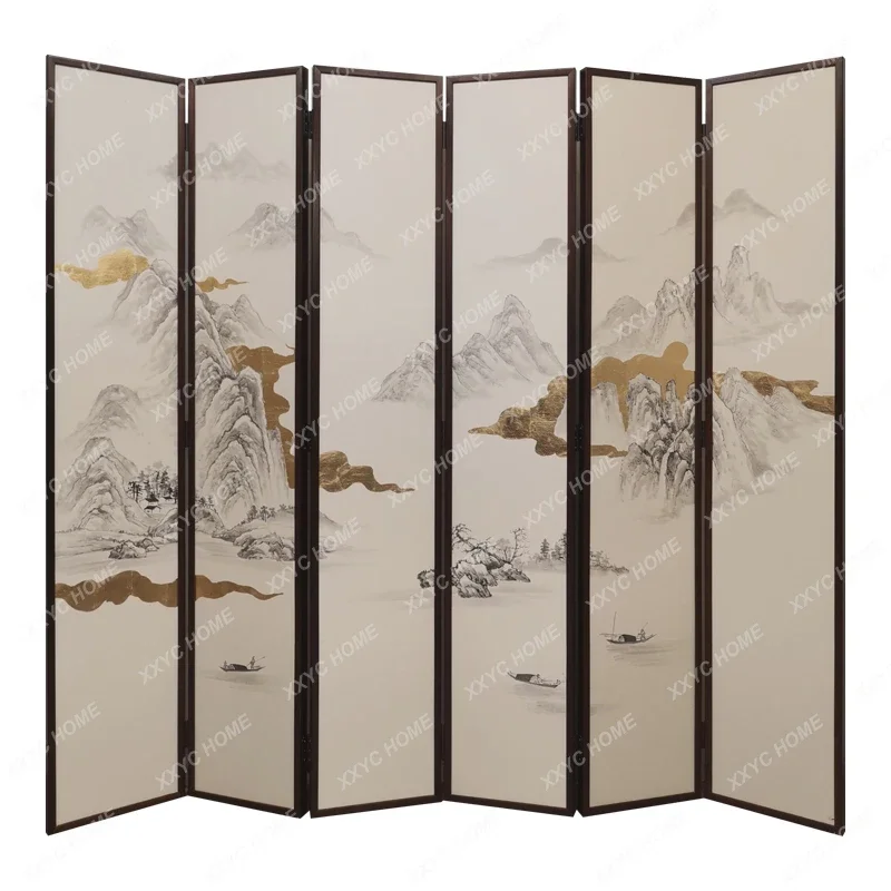 

New Chinese Folding Partition Living Room Entrance Household Gold Foil Landscape Artificial Silk Wall Cloth Simple MovableScreen