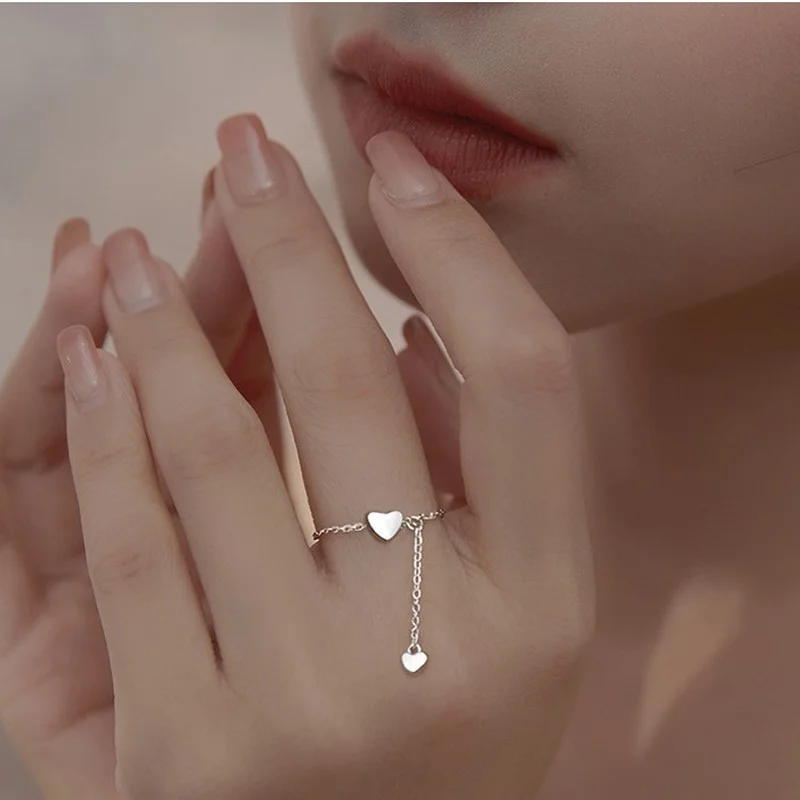 Simple Heart Tassel Adjustable Rings Silver Color Chain Pendant Ring Romantic Circle Geometric Rings Women Girl Finger Jewelry