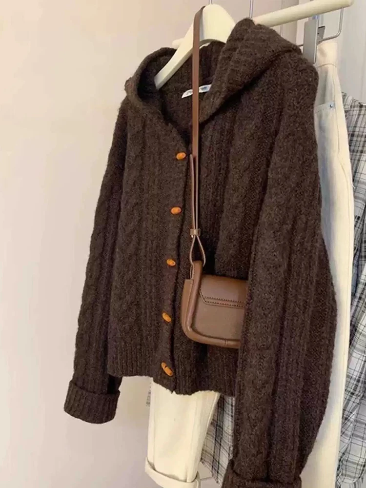 Retro Twist Knitted Hat Sweater Women's Loose Long Sleeve Open Cardigan Autumn Winter New Style Pure Color Versatile Outerwear