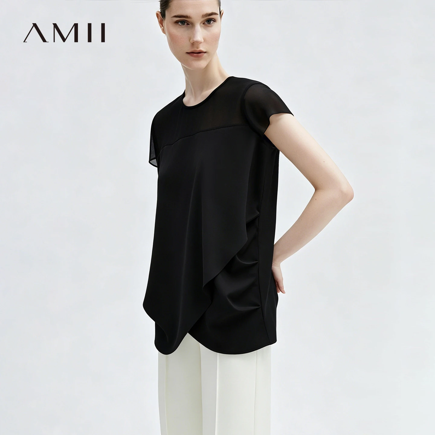 

Amii Women's Blouse 2026 Summer New Round Neck Asymmetric Panel Patchwork Shirt Shirred Cap Sleeve Casual Chiffon Top 12642190