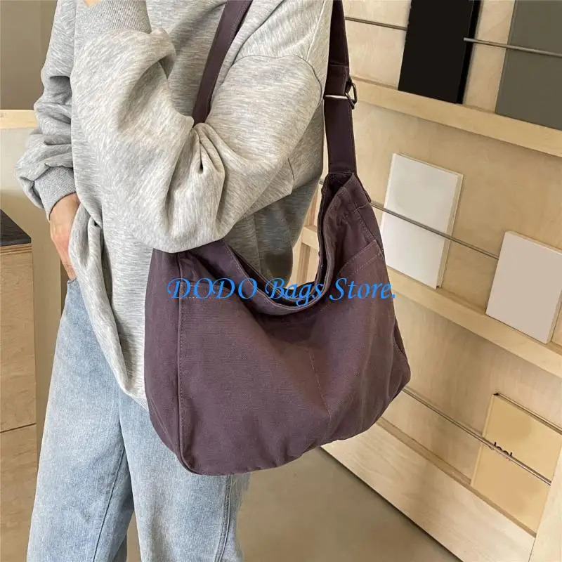 

E8FB Canvas Crossbody Bag for Women Large Capacity School Bag Solid Color Book Bag
