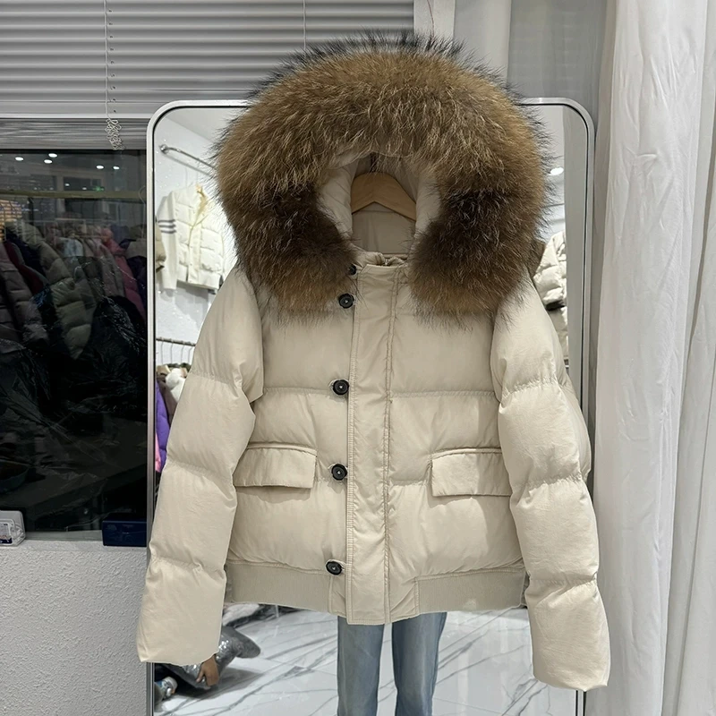 

Real fur collar Short down Jacket 2026 Winter New Korean version Loose White duck down down Coat Women's Warm Parka Outwear