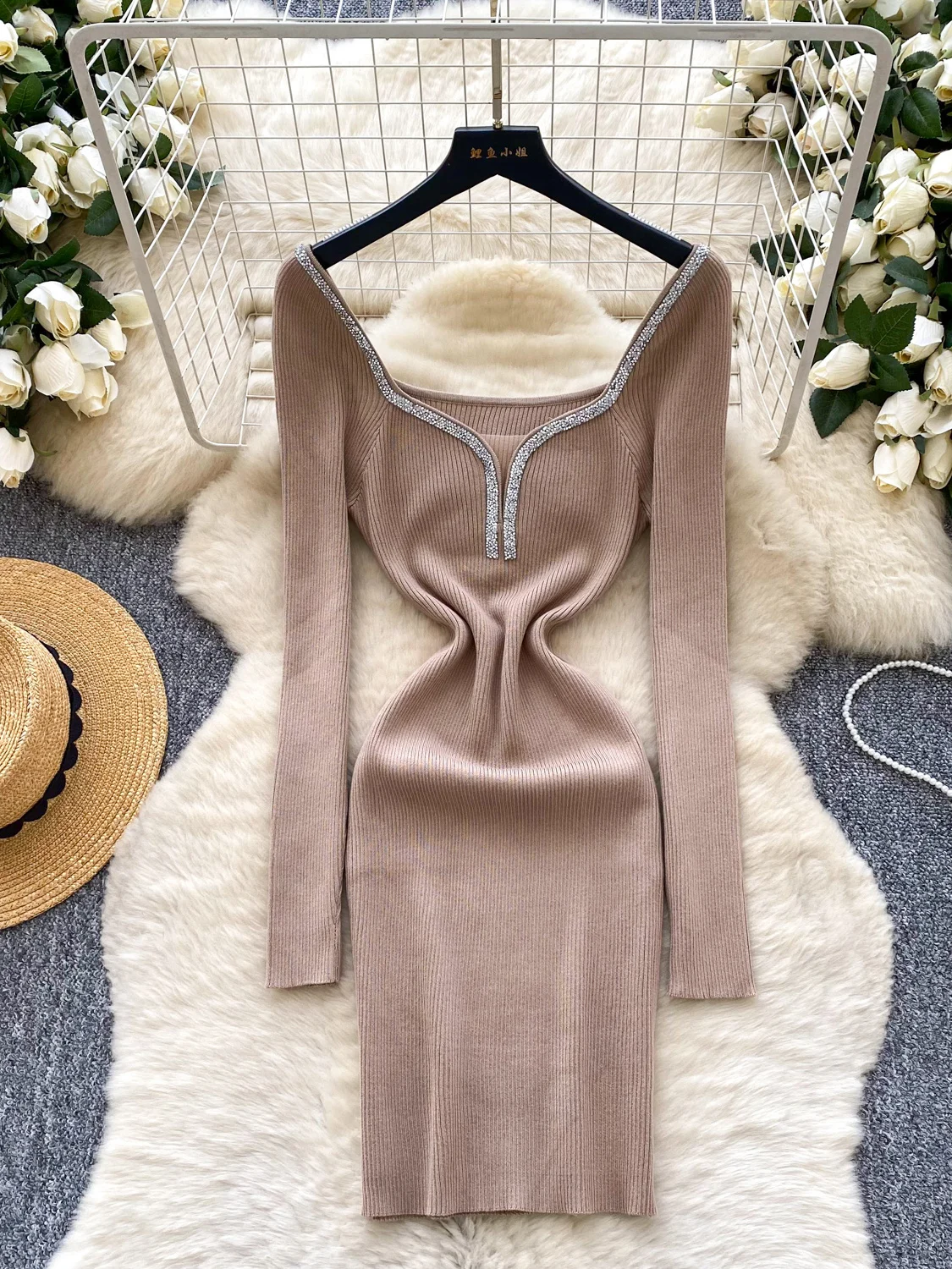 Ele gestrickter langer Sve Dr mit schwerer Verzierung, figurbetonter Rock mit hoher Taille und quadratischem Kragen für Damen, Faion Ci Commuting