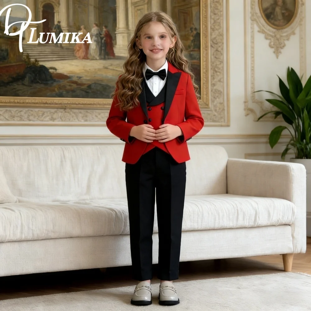 

Chic Vibrant Girls Tuxedo Suit Set 2026 Romantic Color Block Childrens Wedding Attire Formal Wear Jacket Vest Pants Bow Tie