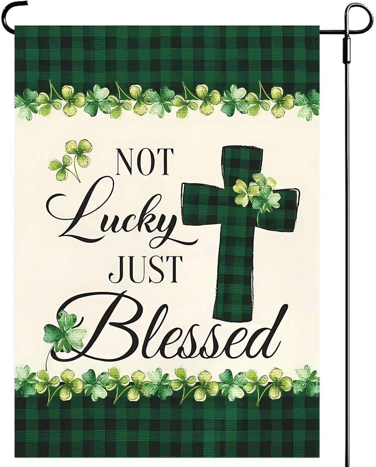 St Patricks Day Christian Shamrock Garden Flags 12x18- Not Lucky Just Blessed Plaid Small Yard Flag Double Sided Banner for  SSL