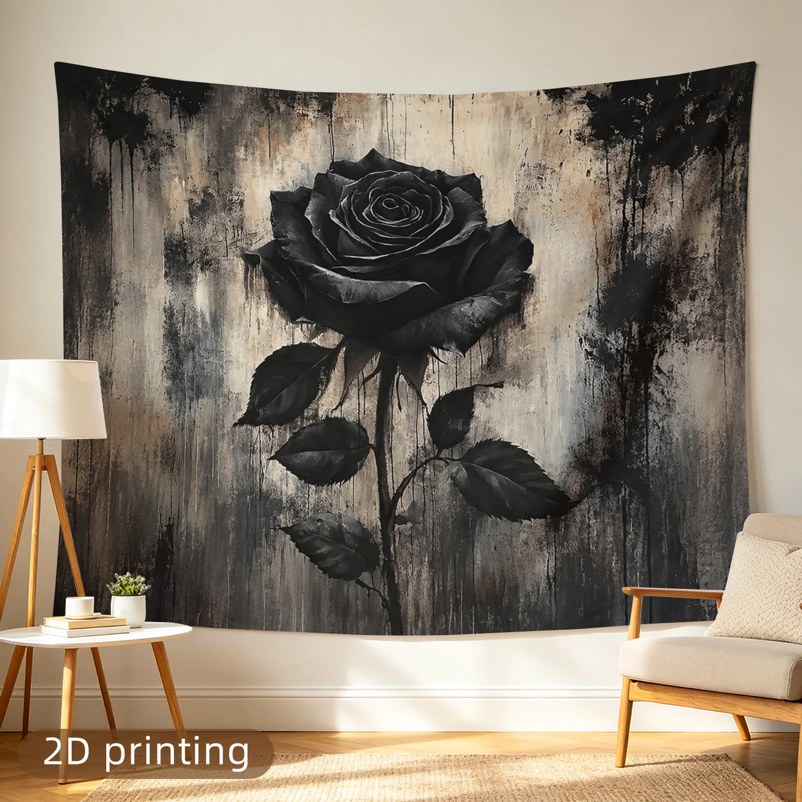 Black Rose Tapestry, Gothic Flower Wall Hanging, Dark Vintage Aesthetic Decor, Grunge Texture Art, Moody Bedroom Backdrop