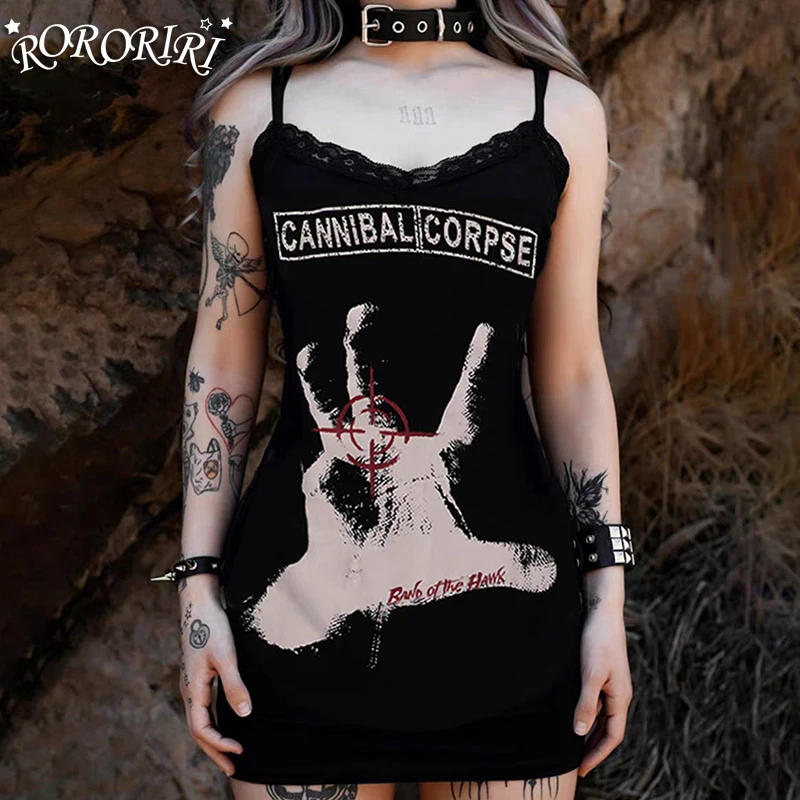 RORORIRI Hand Graphic Print Camisole Dress Women Letter Vintage Spliced Lace Open Back Slim Bodycon Mini Dress Grayu Y2k Clothes