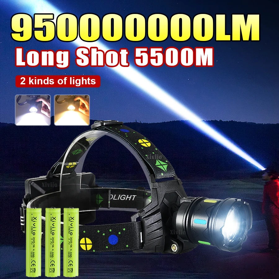 950000000LM High Power LED Headlight Dual Light Source Rechargeable Head Torch Zoom Head Flashlights Camping Fishing Head Lamp