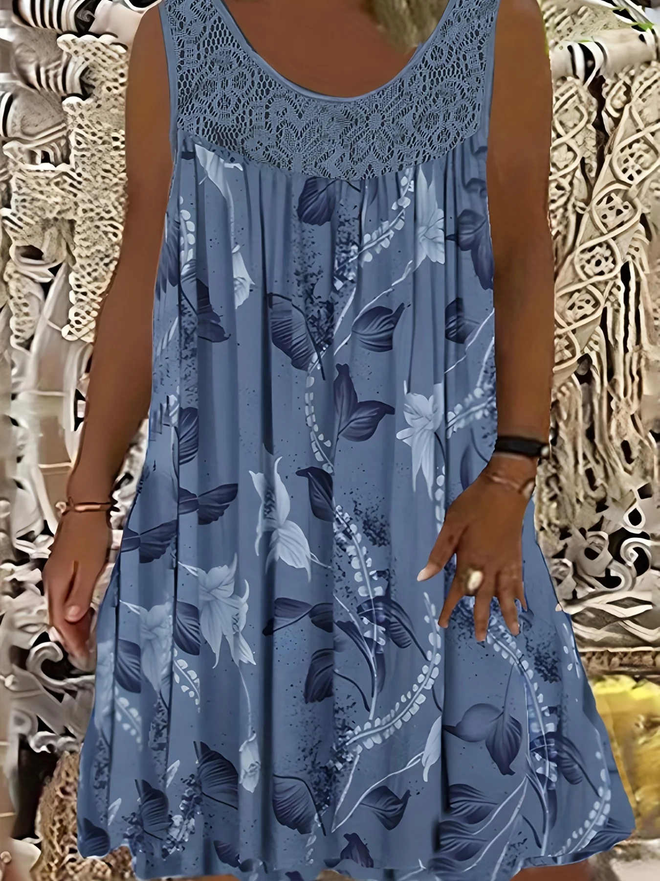 Plus size women's sleeveless round neck A-line dress with contrasting lace border floral print - knee length casual and pretenti