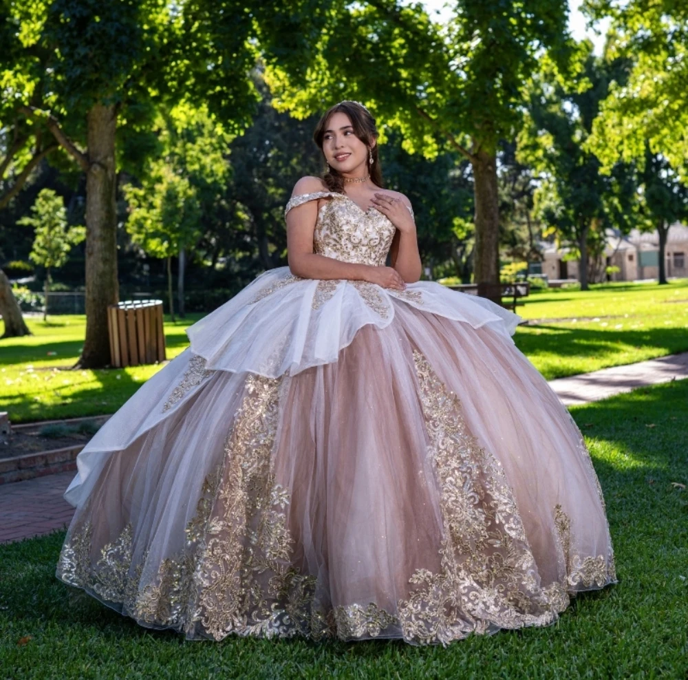 EVLAST-vestido de baile con hombros descubiertos para quinceañera, traje Formal de tul con apliques dorados de encaje para fiesta de cumpleaños de 16 años, TQD052, 2023