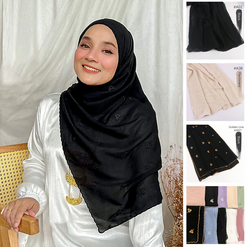 High Quality Malaysia Women Islamic Shawls Muslim Hijabs Headscarf Veil Tudung Embroidery Chiffon Hijab Scarf