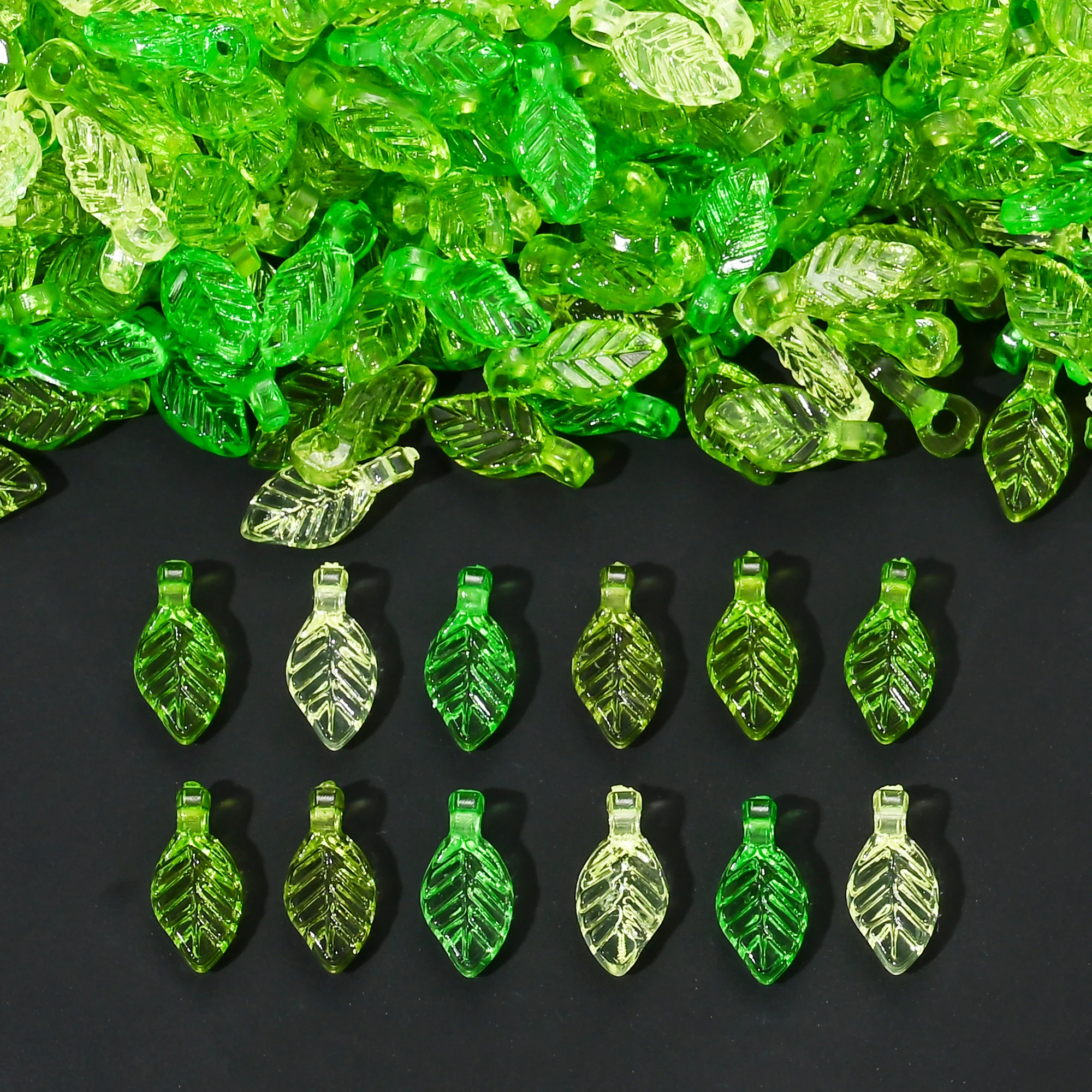 500 Stück grüne transparente Harz-Blattperlen, lose Acryl-Pflanzenblatt-Abstandshalter für die Schmuckherstellung, DIY-Halskette, Armband, Ohrringe – Detail 6