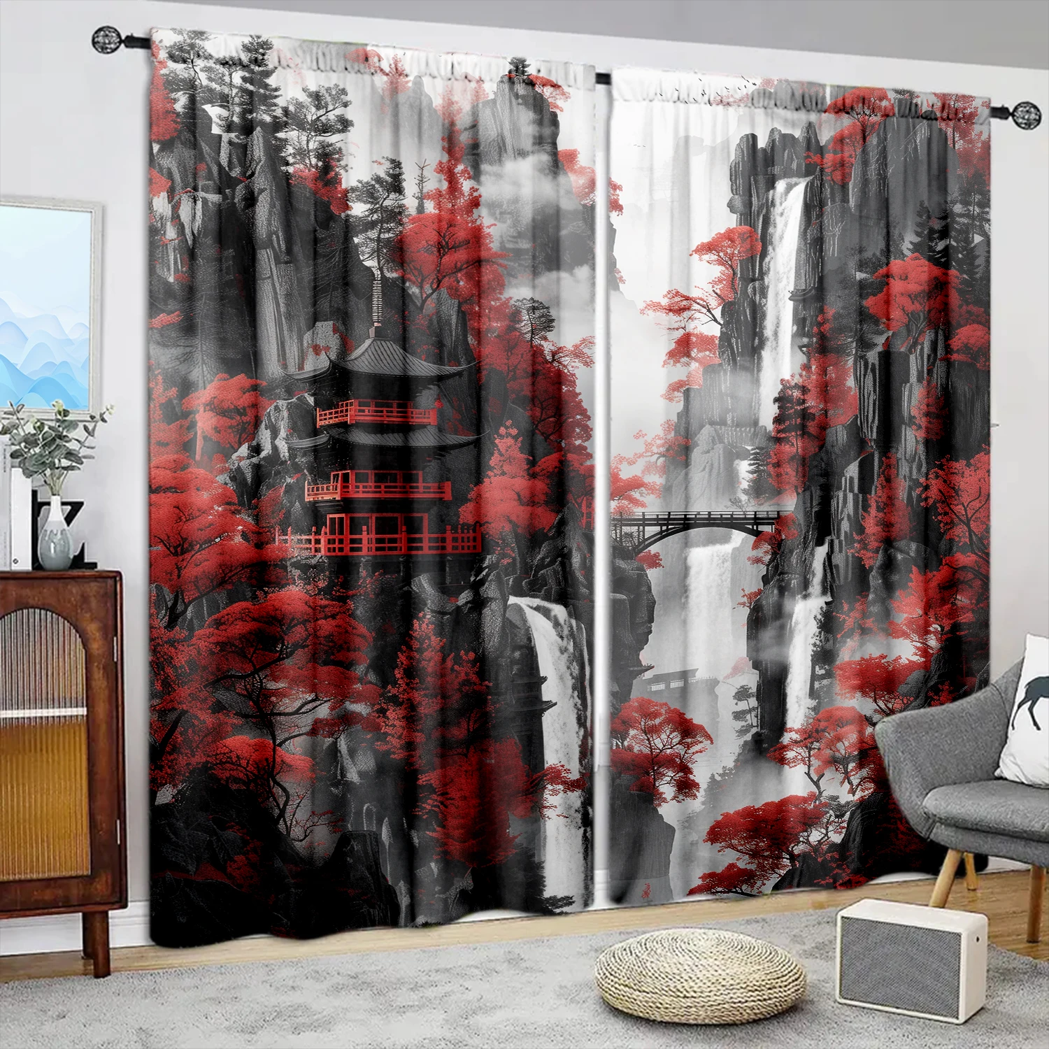 

2pcs Black Landscape Painting Printed Curtain for Home Decor - Rod Pocket Window Treatment for Bedroom, Office, Kitchen