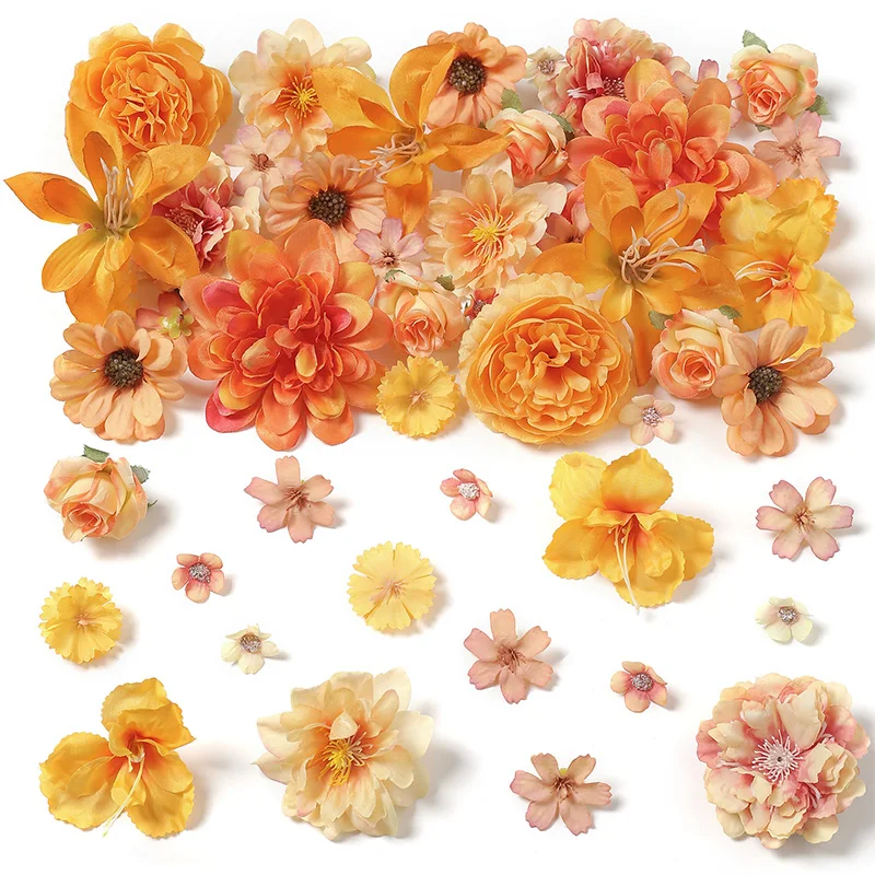 

48/60Pcs Mini Autumn Orange Silk Artificial Rose Daisy Flower Heads DIY Wreath Accessory for Home Halloween Thanksgiving Decor