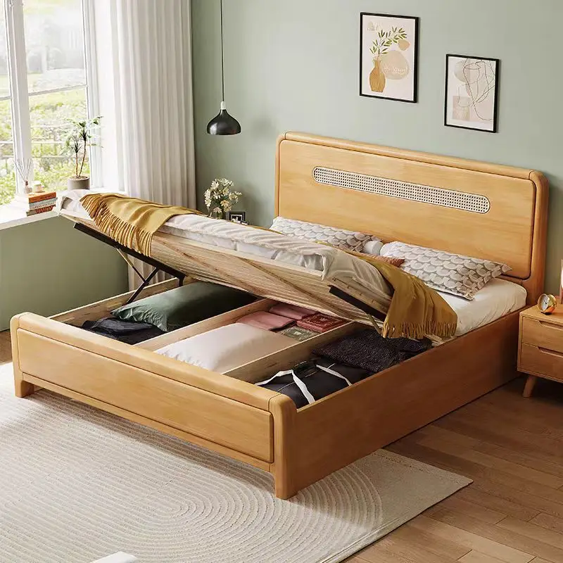 %&Factory Direct Modern Queen King Size Minimalist Bedroom Furniture Hotel Wooden Frame Rattan Bed Storage for Wholesale