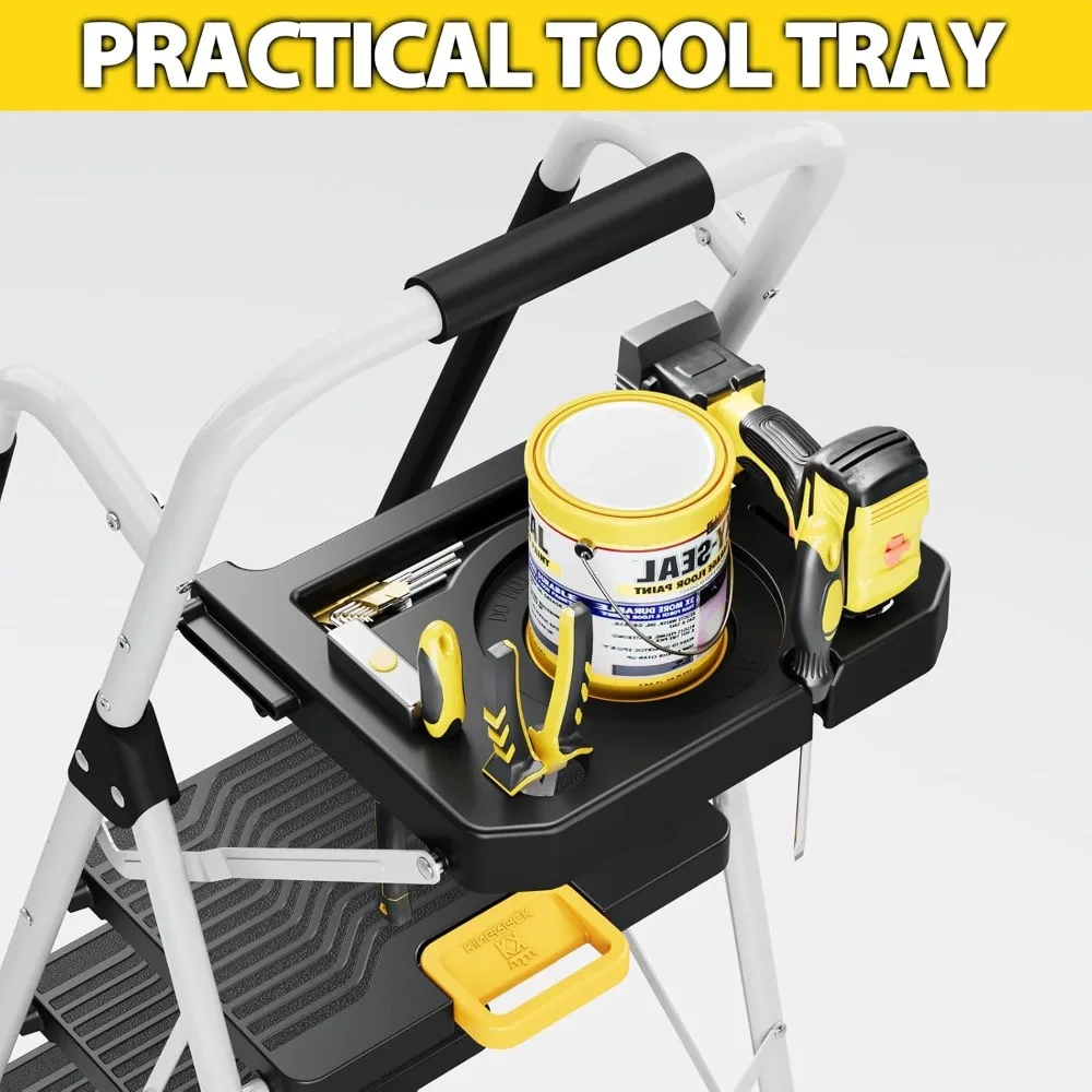 Scaletta pieghevole a 5 gradini, sgabello con capacità di 800 libbre con chiusura di sicurezza, vassoio portautensili, gradini larghi antiscivolo, corrimano, casa