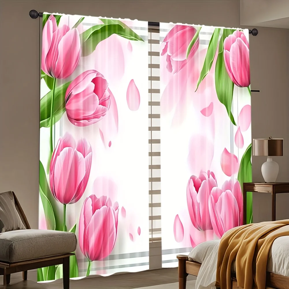 Digital Printed Curtains with Pink Tulips Design, Stylish Window Drapes for Living Room Bedroom Home Decoration and Kitchen