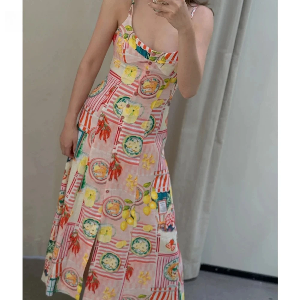 KONDALA Chic Sexy Stampa Y2K Patchwork Donna Abiti Moda 2025 Vacanza Estiva Pulsante Arco Cami Dress Lungo Mujer Beach Abiti