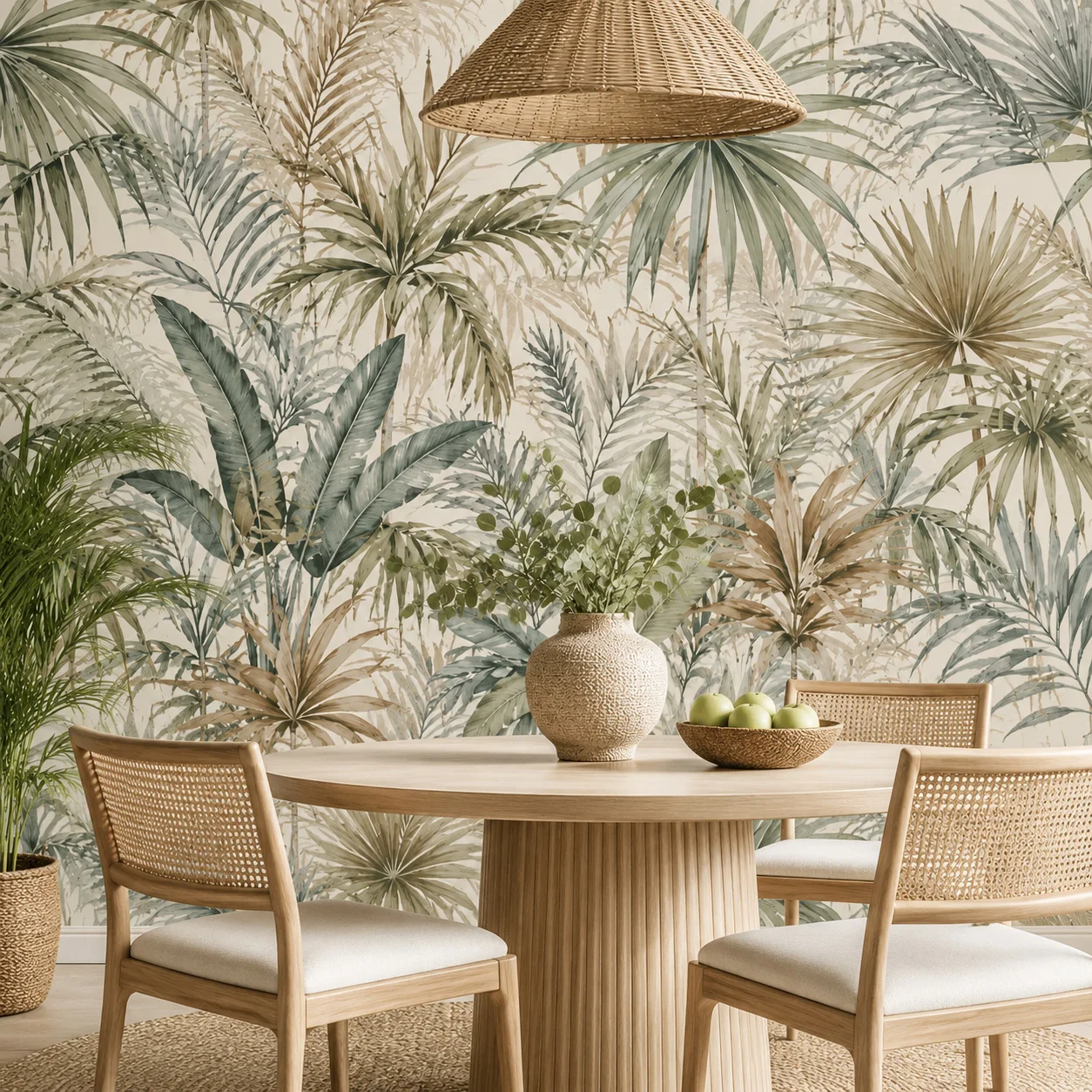 Tropical Palm Trees Wall Mural, Vintage Botanical Wallpaper, Beige Green Non Self Adhesive Living Room Bedroom Jungle Wall Decor