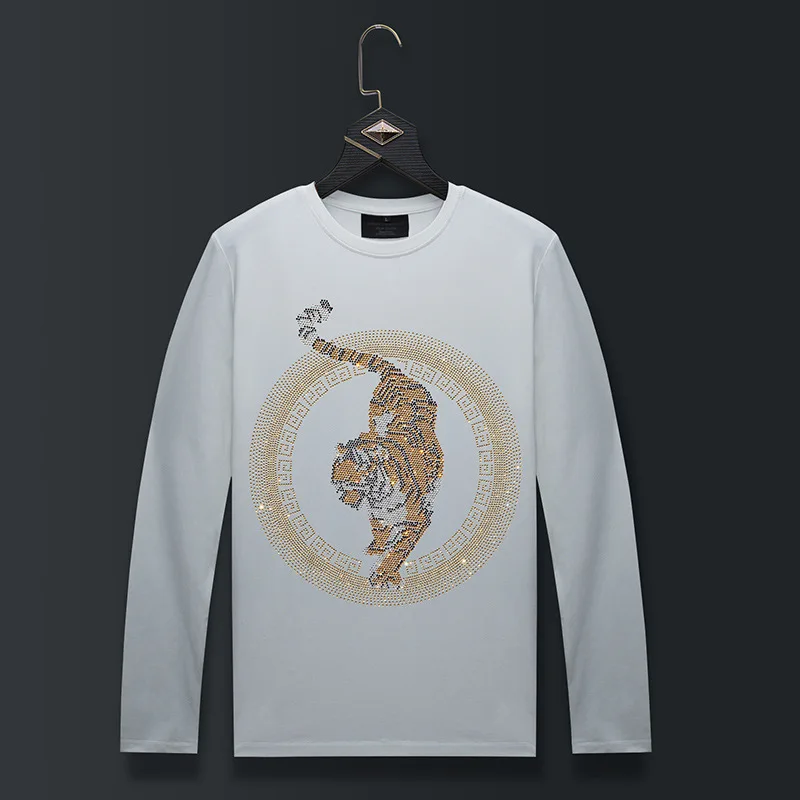 Plus Size Rhinestones Tiger Cartoon T Shirts Men Fashion Streetwear O Neck Long Sleeve Slim Modal Cotton Tshirts Mens Clothing