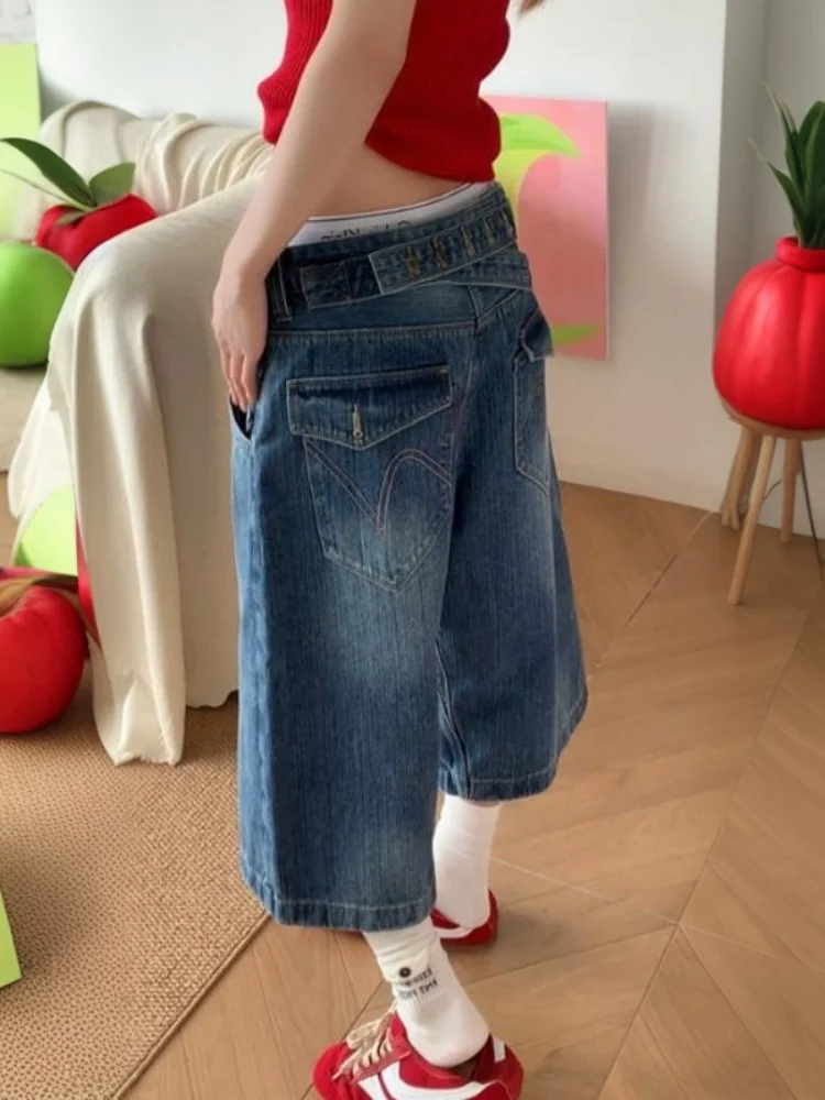 

American Style Spicy Girl Paris Button Denim Jeans Women's Summer Vintage Design Worn Wide Leg Seven-Foot Pants Casual High W...