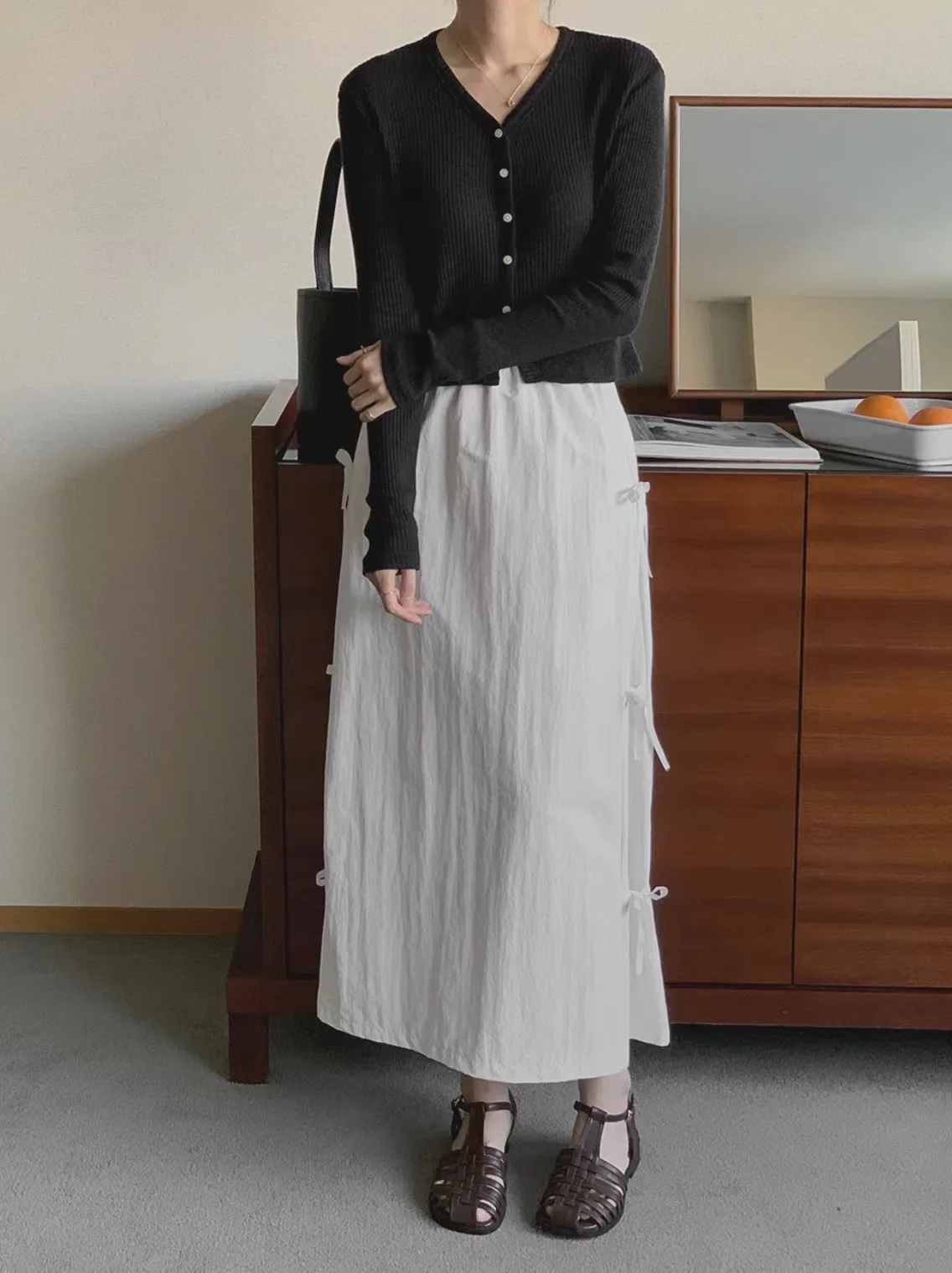 2Colors Women Spring Summer Sweet Straight Long Skirts For Womens Elastic High Waist Bow Tie Midi Back Split Skirt Female(C1985)