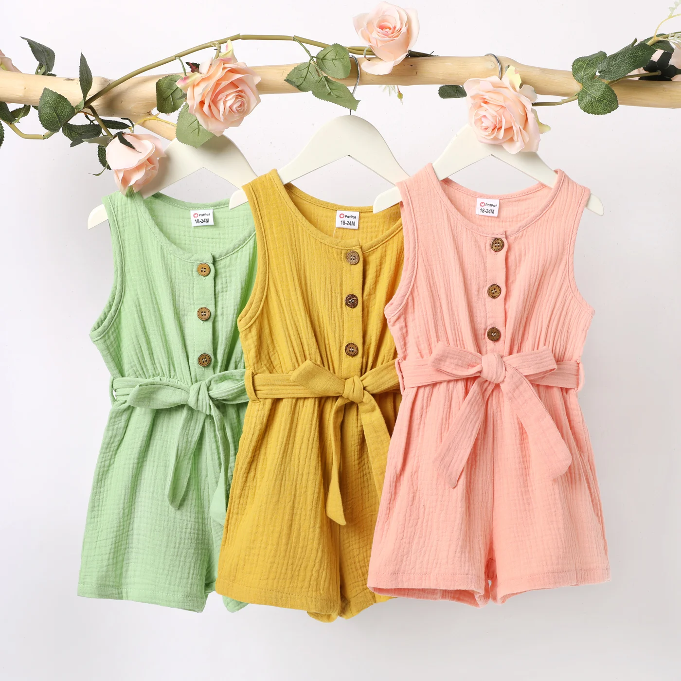 

PatPat Toddler Girl 100% Cotton Solid Color Button Design Sleeveless Belted Romper Jumpsuit Shorts