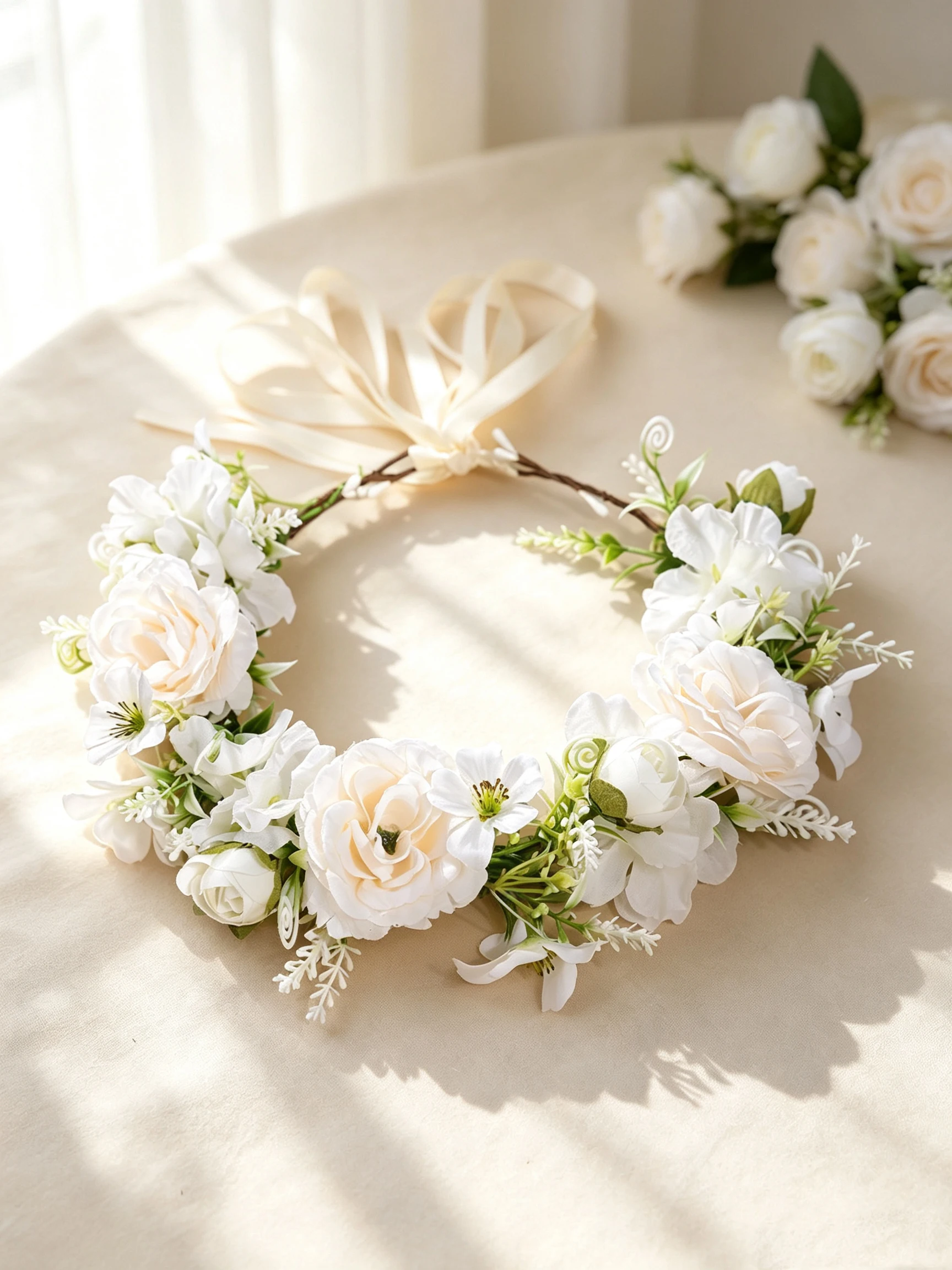 Orange Roses, White Flowers, Green Leaves, Wreath, Bride's Wedding Dress, Headpiece, Travel Photography, Children's Picnic, Holiday Flower Headband view 2