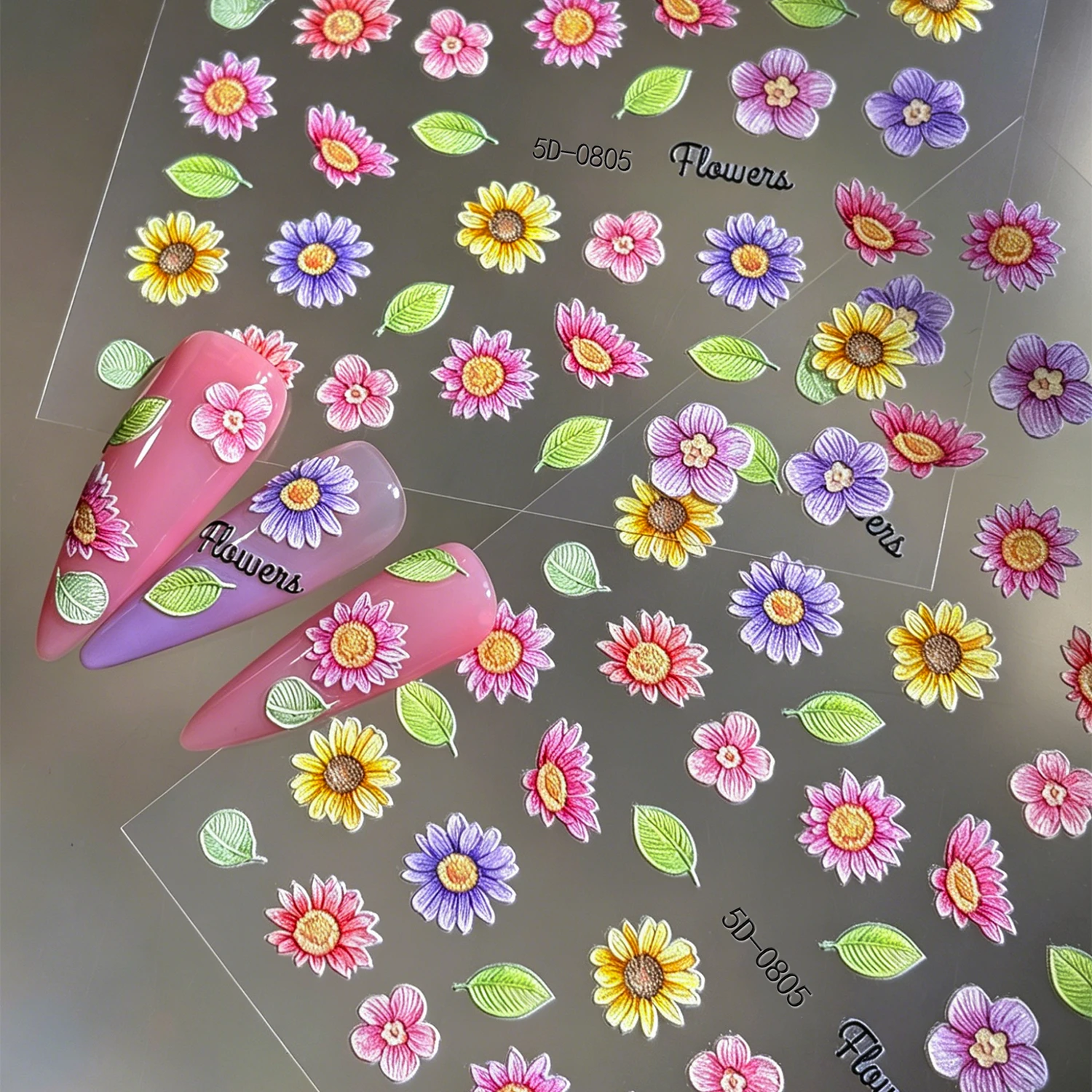1Pcs 5D Embossed Sunflower Nail Art Stickers Colorful Daisy Leaf Self-Adhesive Decals for Summer Vibrant Floral Manicure Slider