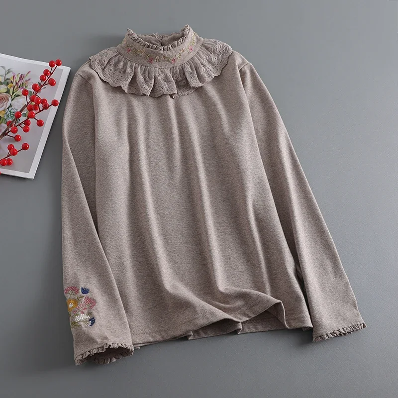 Spring New Sweet Embroidered T Shirt Tops Women Long Sleeve Casual Top 822-258