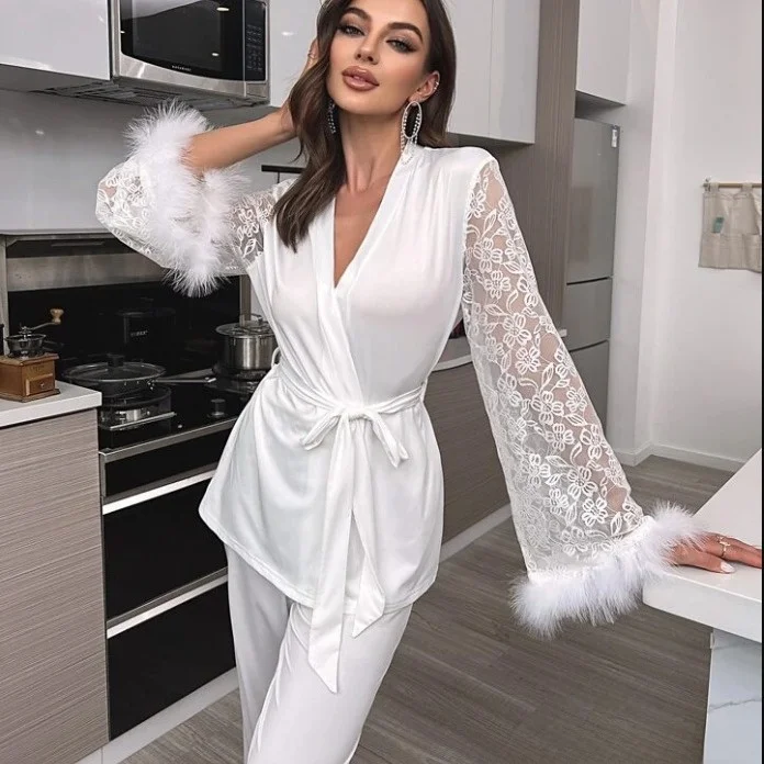 

2024 New Cross-Border V-Ne Lace Patchwork Spwear Set Women's Soft Polyester Nightgown Robe Set Comfortable Spwear