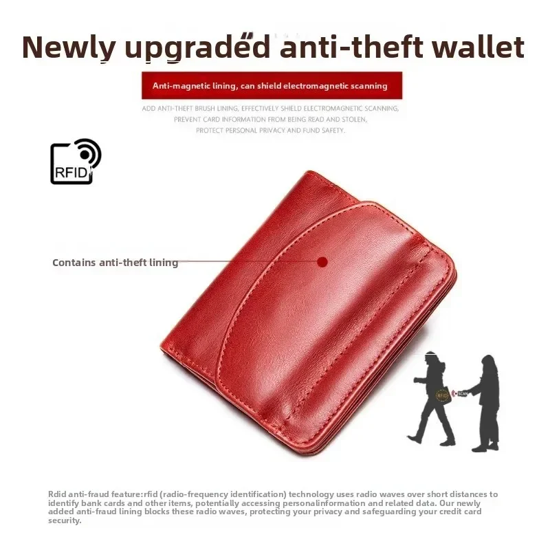 

Magnetic-Resistant RFID Women's Wallet Short Genuine Leather Card Case Foldable Change Purse Fashionable Money Holder