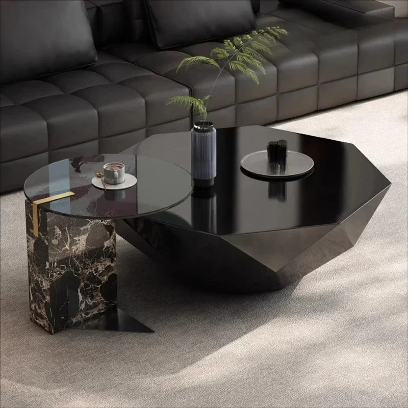 2026 new luxury Italian minimalist coffee table set, marble and brushed stainless steel nested table