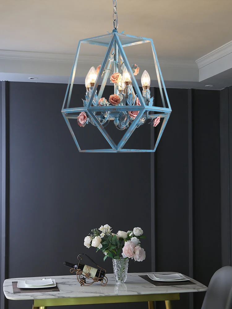 

Blue Chandelier Bedroom Study and Restaurant Clothing Store Cafe Bar Retro Iron Art Flowers and Plants Rhombus Chandelier