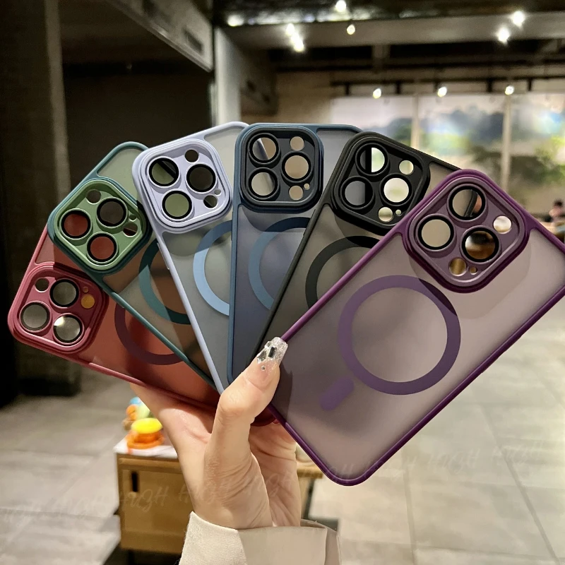 Magsafe Case for iPhone 15 14 16 Pro Max Camera Protection Lenses Magnets Phone Cover Hard Matte Shell Candy Color Bumper Fundas