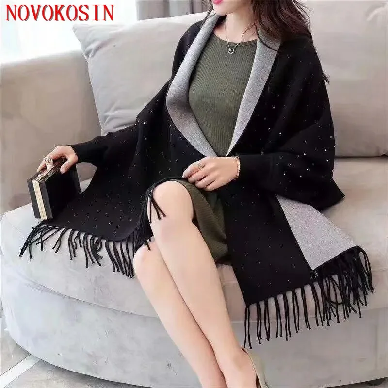 10 renk pelerin boy boncuk kristal eşarp kış örme şal panço dışarı aşınma ceket hediye kadınlar için tırmanmak uzun kollu Wrap