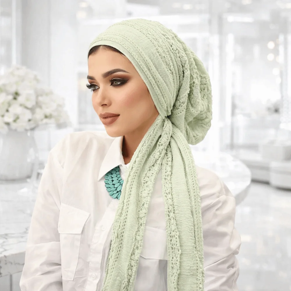 Adjustable Women Turban Hats Soft Stretch Polyester Solid Color Crinkle Hijabs Unicolor Long Tail Tie Wrinkle Headscarf Modest