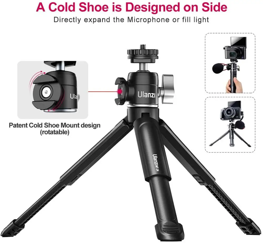 Ulanzi U-Vlog lite Mini statyw z głowicą kulkową 360 ° i Cold buta Selfie Stick statyw do aparatu iPhone Android telefon DSLR