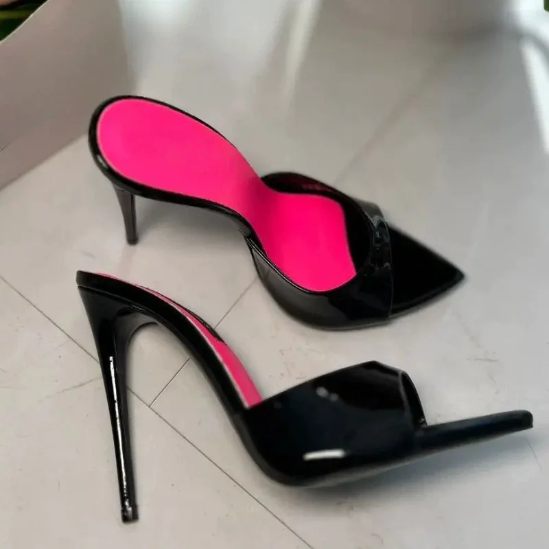 Thin high-heeled slippers summer new pointed rhinestone color PVC one-line belt fashion slippers dress large size women's sandal