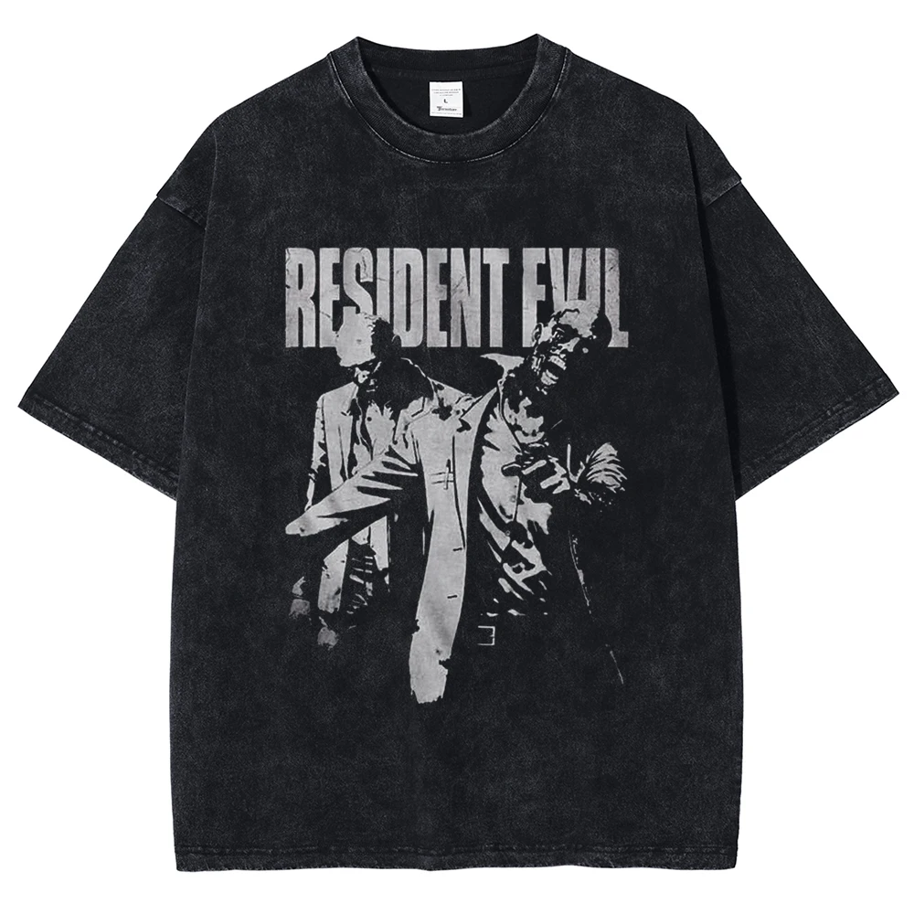 2024 Men's Summer T-shirt Vintage Washed Black T-shirt Resident Evil Pattern DTG Printed Game Cotton Short Sleeved Top Unisex