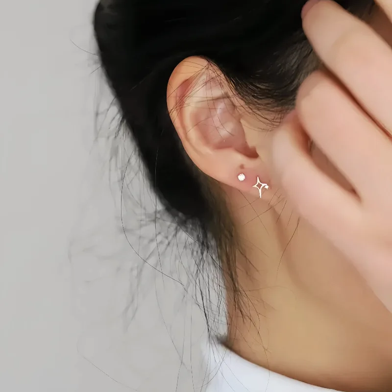 S925 Sterling Silver Four Pointed Star Stud Earrings 14K Gold Plated Tiny Hollow Star Zircon Earrings Minimal Jewelry For Women