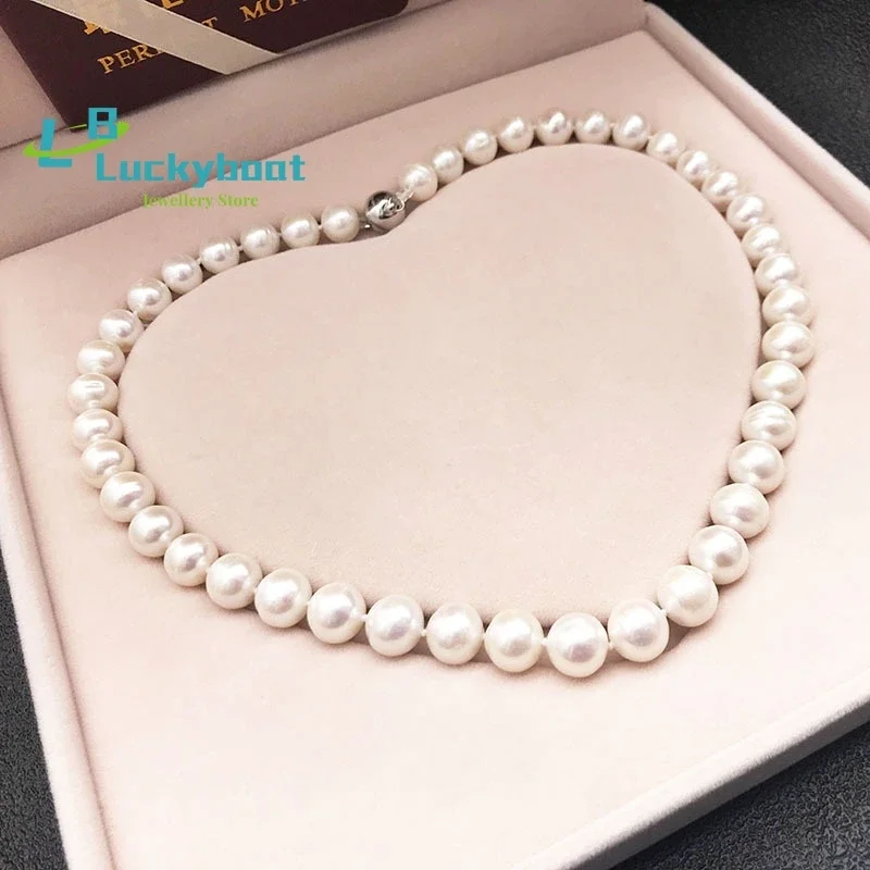 Fashion Natural White Freshwater Pearl Beads Necklace Bright Near round Pearl Choker Necklace Mother's Gift +Gift Box Wholesale
