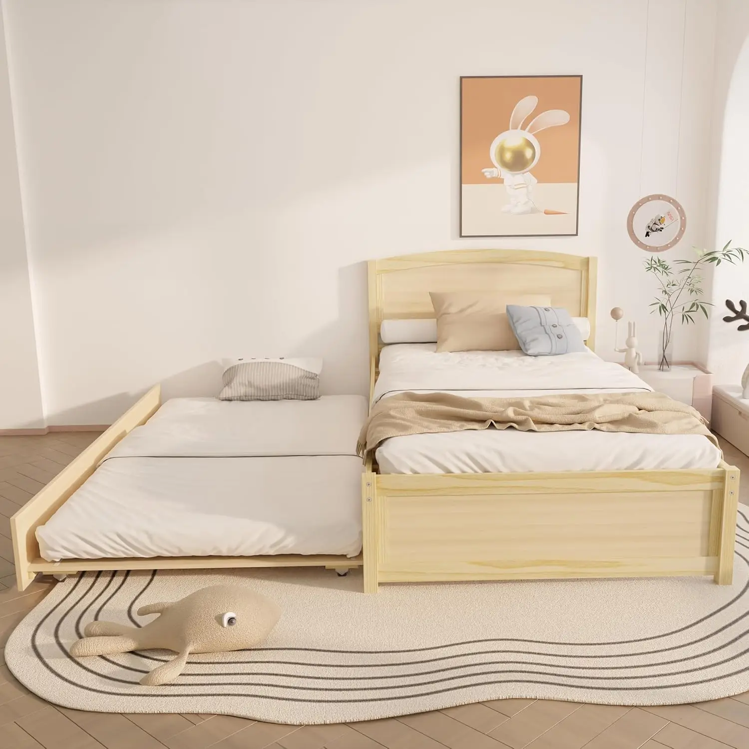 Cama con plataforma de madera de tamaño doble con cama nido debajo del estante, cabecero, camas dobles para invitados, construcción de pino duradera, ergonómica