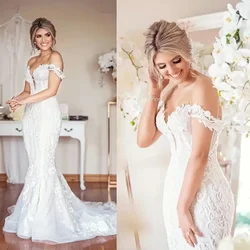 Vestido de novia con cuello en V de sirena de encaje sin hombros para mujer, vestido de fiesta nupcial de recepción de tren de barrido, elegante y sexy, talla grande