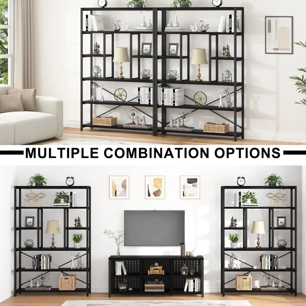 6 Tier Tall Black Bookshelf, Modern Large Wide Book Rack Storage, Industrial Wood Metal Etagere 6 Shelf Bookcase