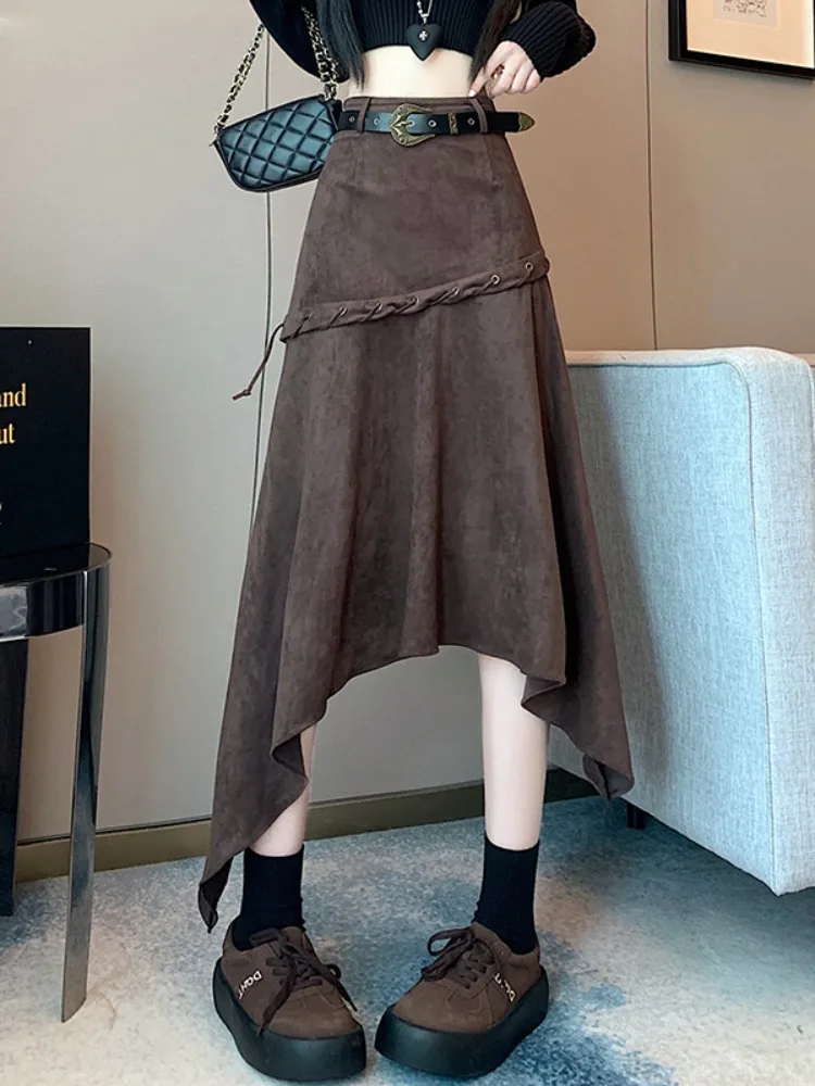 Suède f-lengte Midi Paraplu Rok Dames Herfst Winter Kaki Plooirok Woon-werkverkeer Sle Hoge Taille A-lijn Lange Dr