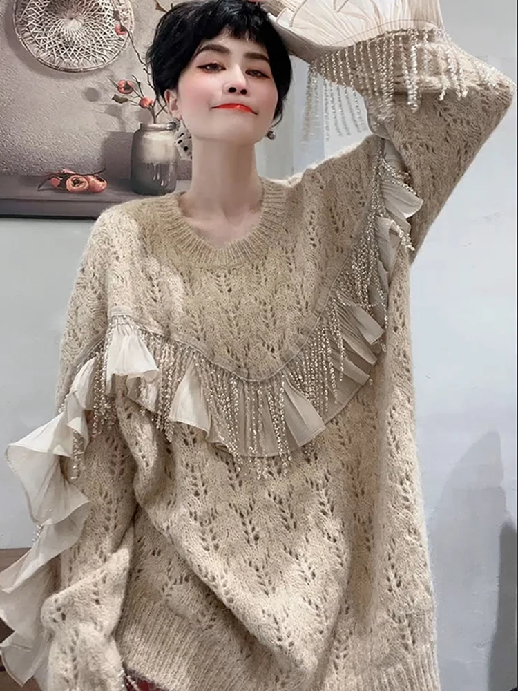 Autumn New Fashion Crochet Hollow Out Luxury Beaded Tassel Design Knit Pullover Women Elegant Ruffle Loose Sweater