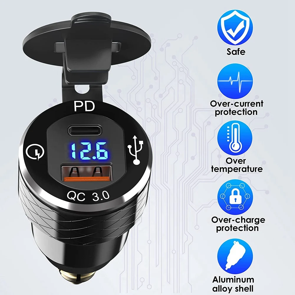 WF-PD 3.0 Type C USB Fast Din To USB And 18W QC 3.0 Power Outlet With Voltmeter For 12V-24V Ducati BMW Motorcycle