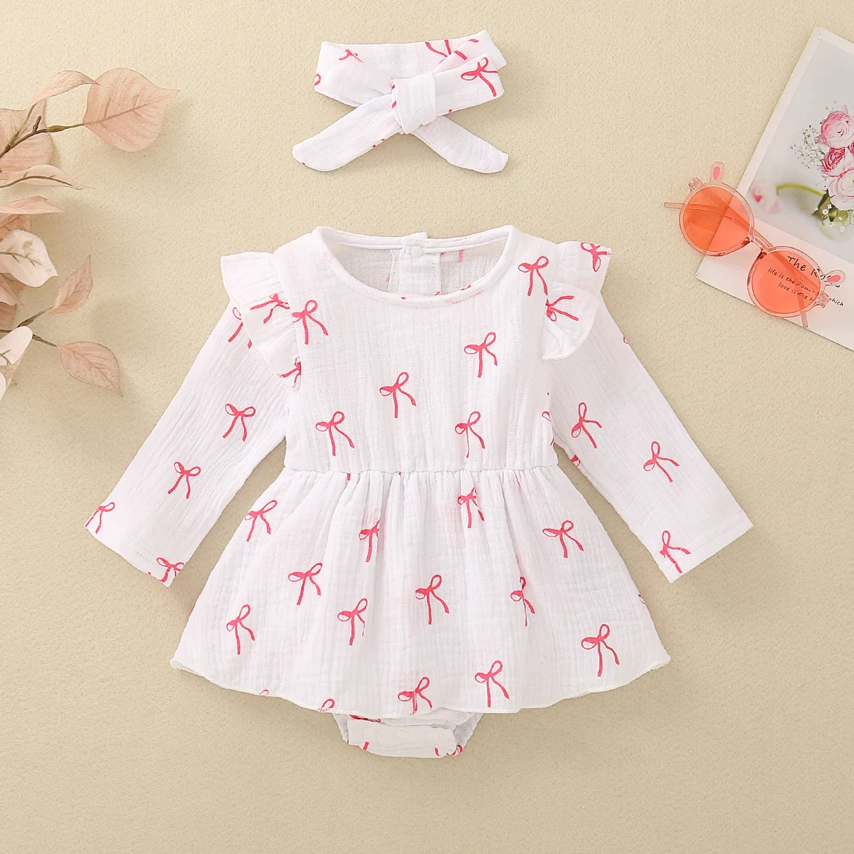 Spring and Autumn Season Baby Girl Butterfly Embroidered Long-Sleeved Bodysuit with Bow Headpiece - Sweet and Adorable