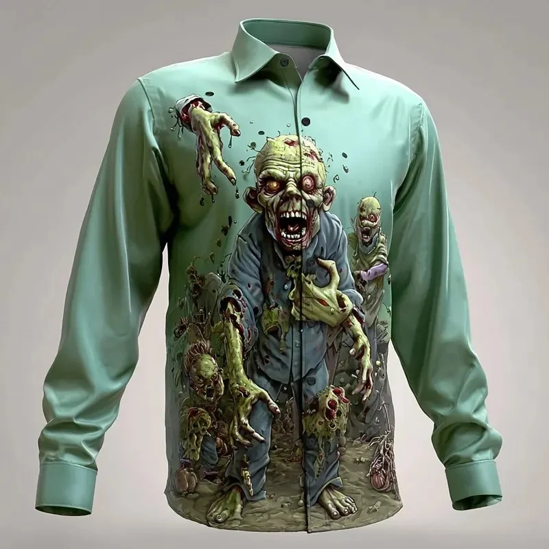 Halloween Men's Horror Halloween Costumes Zombies Shirt Button Up Shirt Long Sleeve Shirt Gothic Style Tops Fall Winter